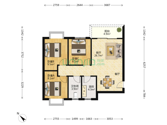 东坪安置房小区 3室1厅1卫 90平方