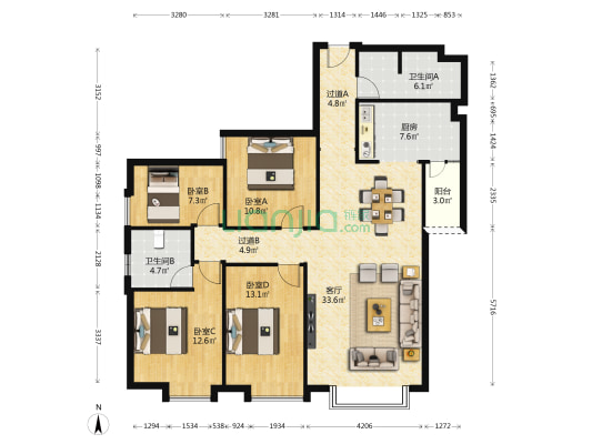 俊发盛唐城C区泰和郡 4室1厅2卫 144平方