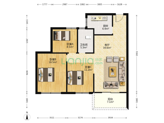 明新半岛花园 3室1厅1卫 107平方
