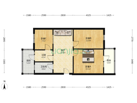 塑料公司宿舍 3室1厅1卫 85平方