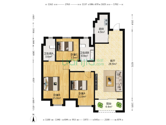 万科红墅 3室1厅2卫 99平方