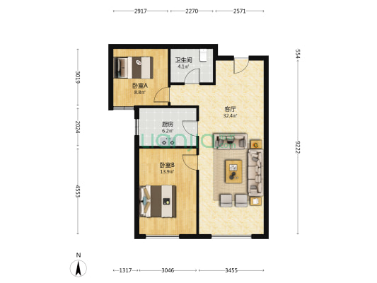 高铁新干线 2室2厅 南-户型图
