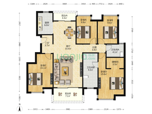 保利泓光 4室1厅2卫 140平方