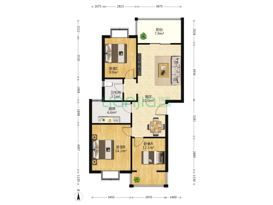 丽阳嘉园 3室1厅1卫 95平方