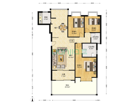 棕榈泉花园 3室1厅2卫 119平方