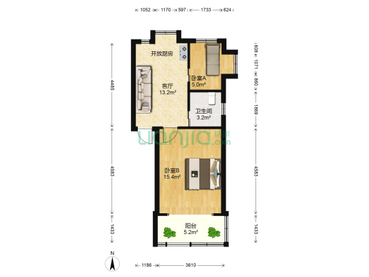 塘山街 2室1厅1卫 53平方