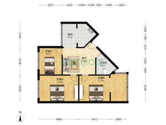群宁街3号 3室1厅1卫 77平方