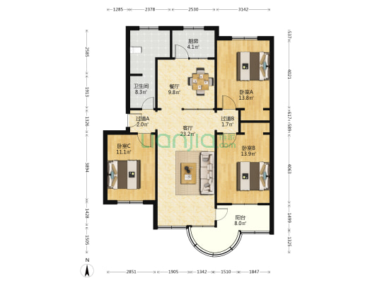 亚细亚代庄小区 3室2厅1卫 116平方