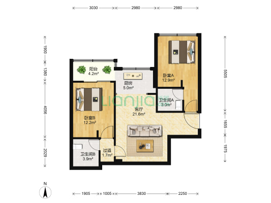宁康西路98弄 2室1厅2卫 90平方