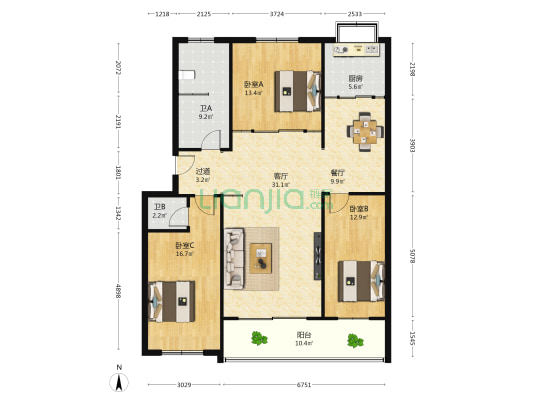 职教中心家属楼 3室2厅2卫 139平方