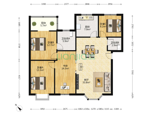 金竹苑 4室1厅2卫 128平方