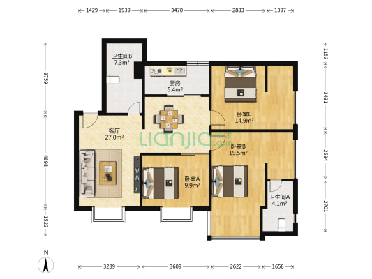 丽苑168 3室1厅2卫 124平方