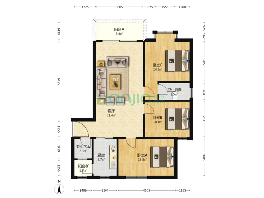 河畔名居B区 3室1厅2卫 106平方