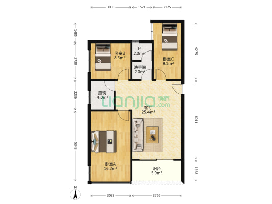 宝海公寓 3室1厅2卫 92平方