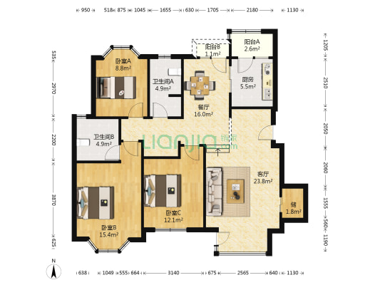 河畔新城二三期 3室2厅2卫 128平方