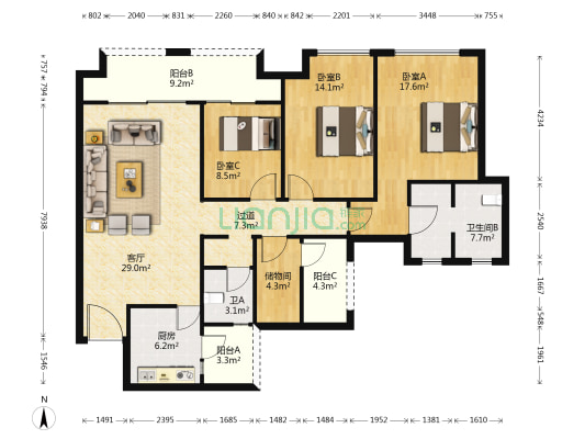 华侨城天际湾C区 3室1厅2卫 137平方