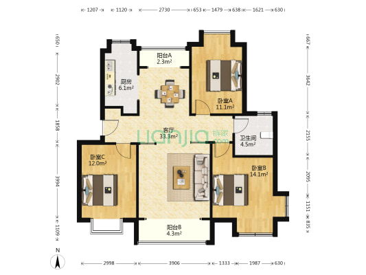联杨新村南区 3室1厅1卫 103平方