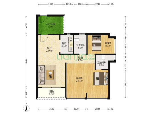 天禧华园 2室1厅2卫 105平方