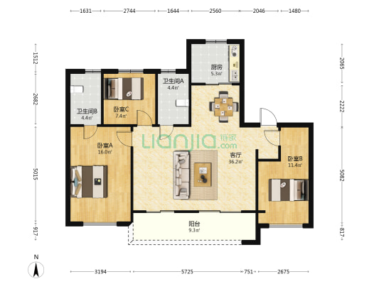 龙湖粼云上府 3室1厅2卫 124平方