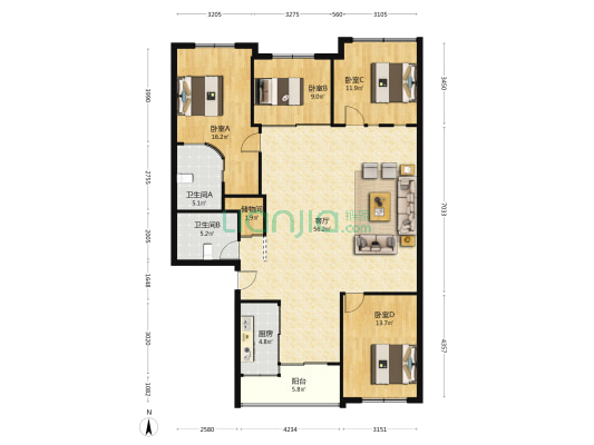 新兴小区二期 4室1厅2卫 153平方
