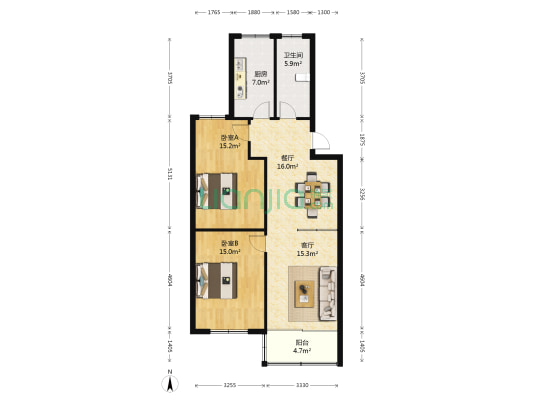滨河公寓 2室2厅1卫 97平方