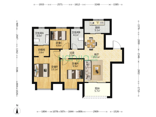 和昌盛世城邦恒园 3室1厅2卫 101平方