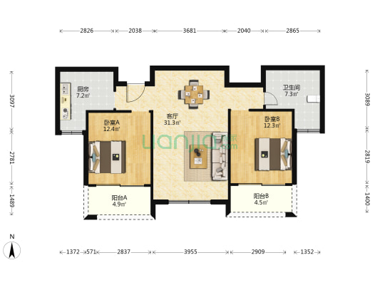 张八里花苑 2室1厅1卫 106平方