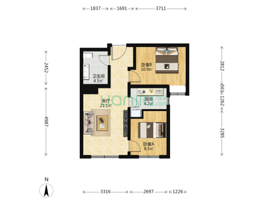 北京金茂府二期 2室1厅1卫 76平方