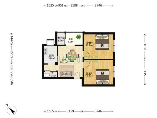 八一路电信宿舍 2室1厅2卫 62平方