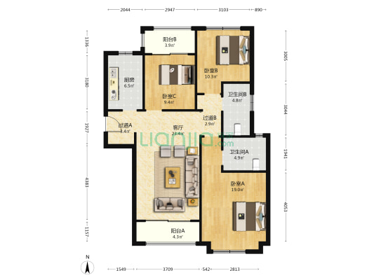 裕龙润邦 3室1厅2卫 132平方