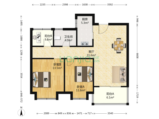 绿地瞰湖生活广场 2室1厅1卫 95平方