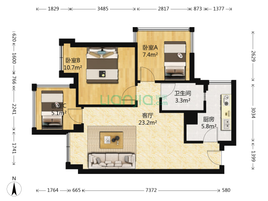 蓝润光华春天A区 3室1厅1卫 72平方