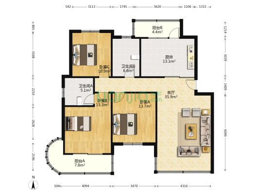 晨兴花园 3室1厅2卫 137平方