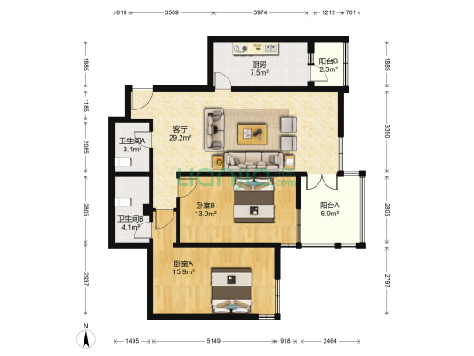 枫蓝国际 2室1厅2卫 113平方