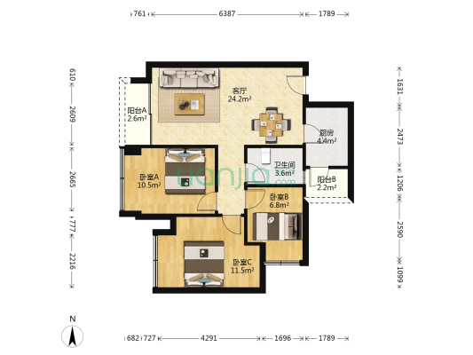 招商中央华城2期 3室1厅1卫 80平方