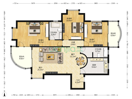 桐柏公寓 3室2厅2卫 162平方