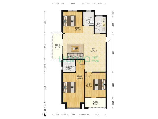 武川和苑四区 3室1厅2卫 122平方