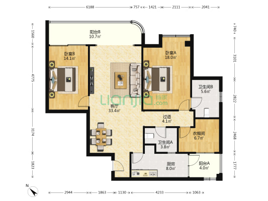 檀香山公园里 2室1厅2卫 122平方