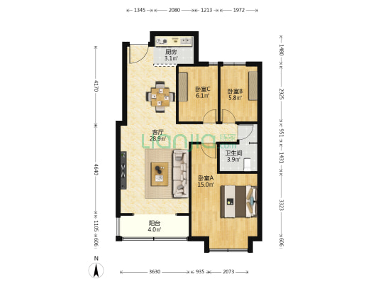 天山熙湖三期 3室1厅1卫 92平方