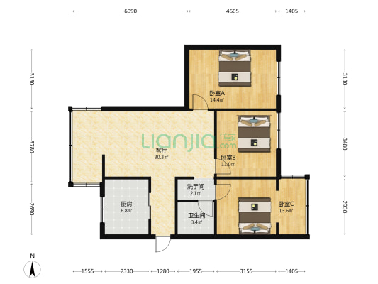 皇城堰小区 3室1厅2卫 99平方