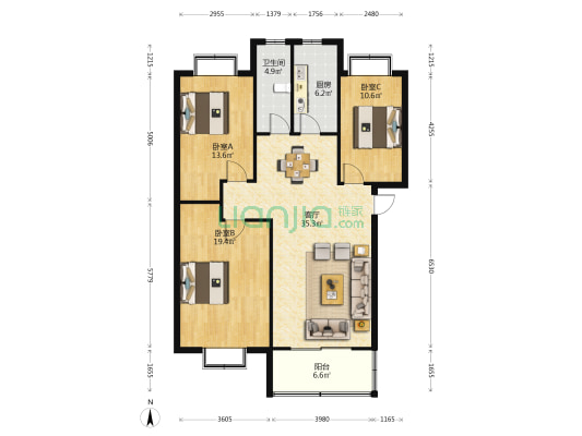 东方家园 3室1厅1卫 122平方