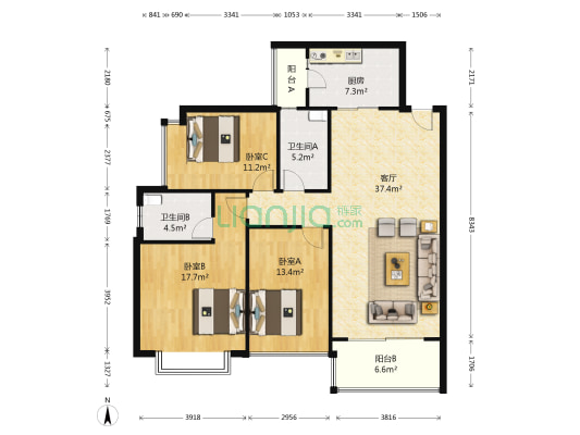 恒大名都 3室1厅2卫 136平方