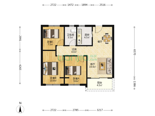 中海锦城 3室1厅1卫 88平方