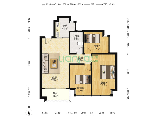 皇庭峰景壹号 3室1厅1卫 90平方