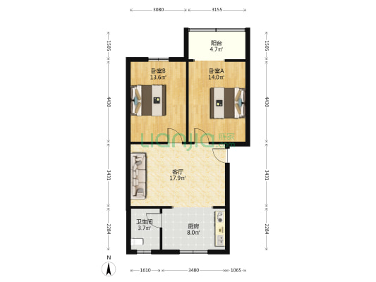 汉南大道801号 2室1厅1卫 74平方