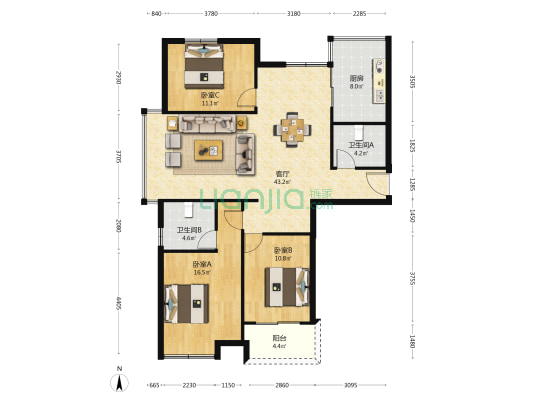 江北花苑 3室1厅2卫 138平方