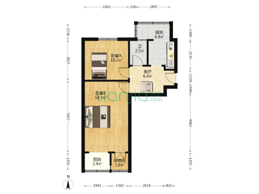 贸易学校宿舍 2室1厅1卫 59平方
