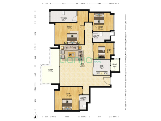 卡地亚花园城蔚蓝轩A区 4室1厅3卫 177平方