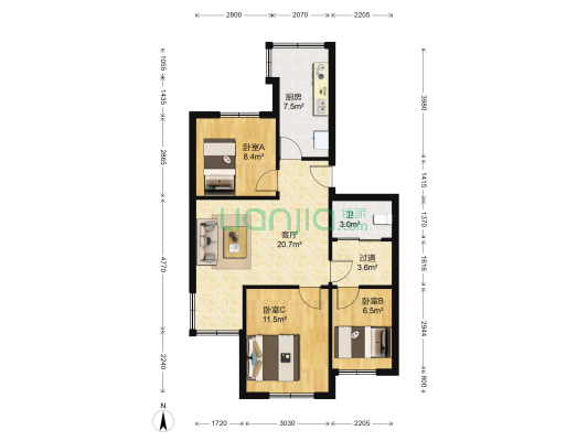 新侨国际公寓 3室1厅1卫 80平方