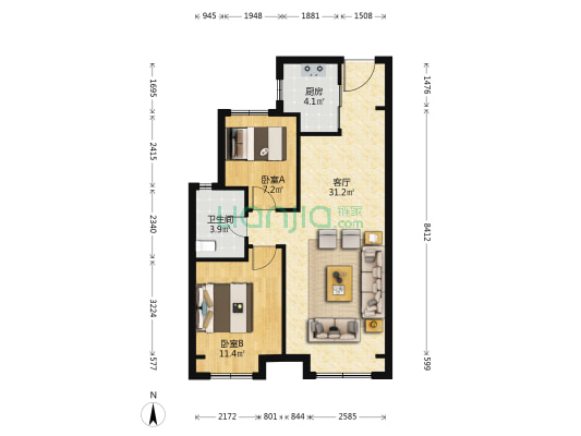 金地城E3区 2室1厅1卫 83平方